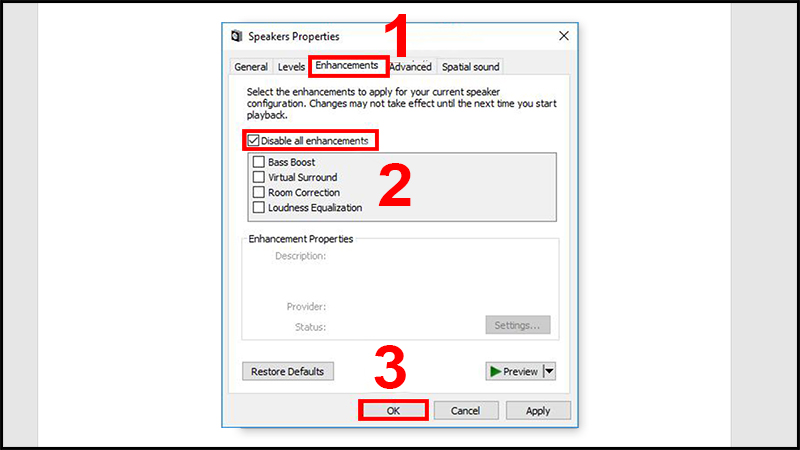 Tick chọn Disable all enhancements