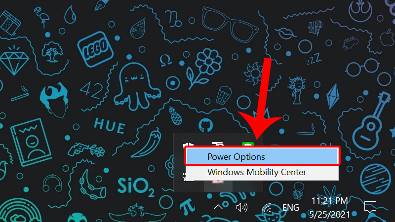 Click Chuột phải vào biểu tượng pin ở thanh Taskbar và chọn Power Option