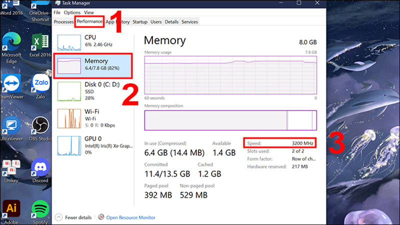 Chọn mục Perfomance và chọn Memory để xem thông số bus RAM 