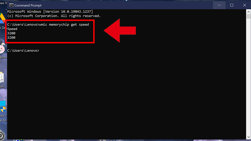 Nhập lệnh wmic memorychip get speed vào Command Prompt