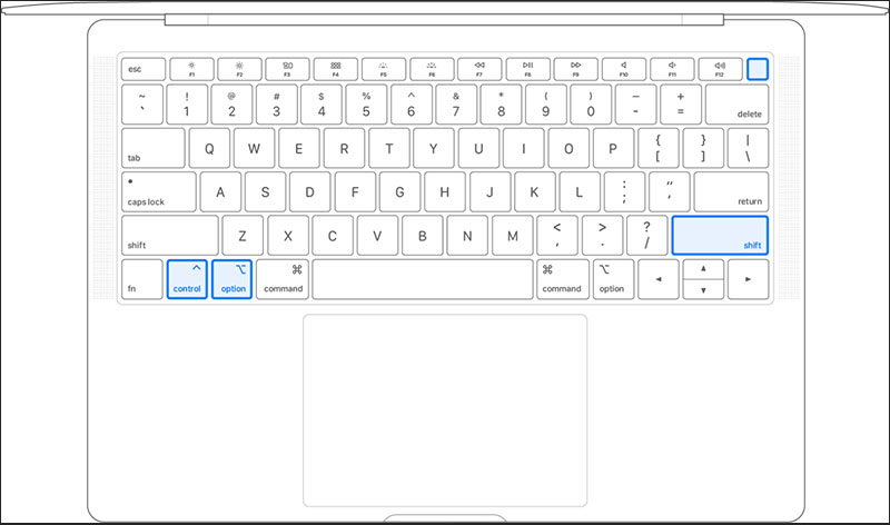 Bấm v&agrave; giữ ph&iacute;m Shift, ph&iacute;m Option, ph&iacute;m Control v&agrave; n&uacute;t nguồn