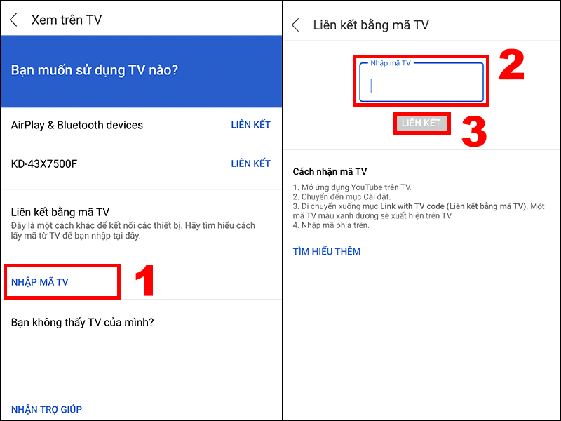 Bạn nhập mã TV để tiến hành liên kết với Tivi