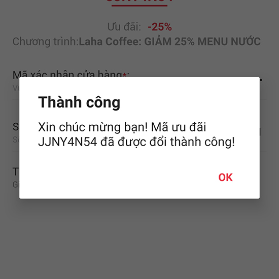 Thông báo khi đổi mã giảm giá JAMJA thành công