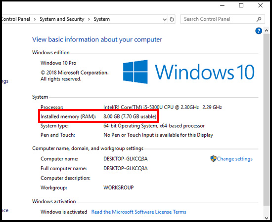 Xem thông tin RAM tại mục Install Memory (RAM).