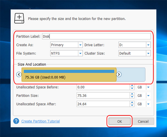 Thiết lập các thông số tại màn hình  Create new Partition 