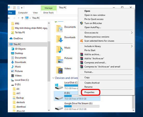 Bạn nhấn chuột phải vào ổ đĩa bạn muốn kiểm tra và chọn Properties