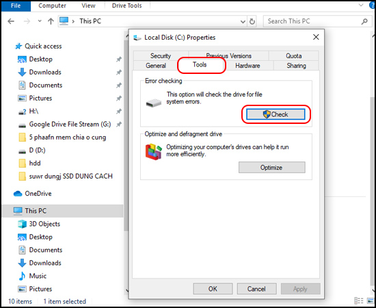 Bạn chuyển qua tab Tool và nhấn vào nút Check