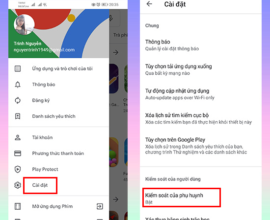 Bật chế độ Kiểm soát của phụ huynh
