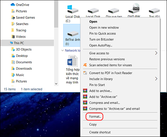 Kích chuột phải vào USB và chọn Fomat.