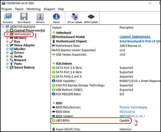 Kích chuột vào Motherboard và kiểm tra dòng UEFI BIOS