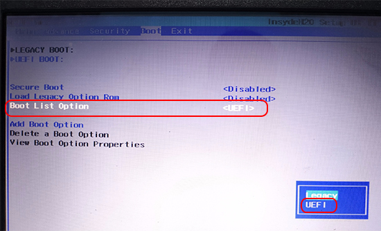 Dòng Boot List Options chọn UEFI