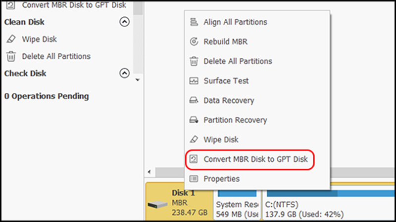 Chọn Covert MBR Disk to GPT Disk