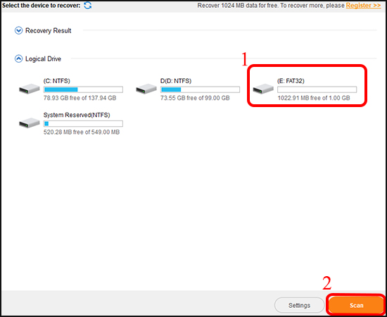 Chọn ổ đĩa cần lấy lại dữ liệu > nhấn Scan để tìm kiếm dữ liệu