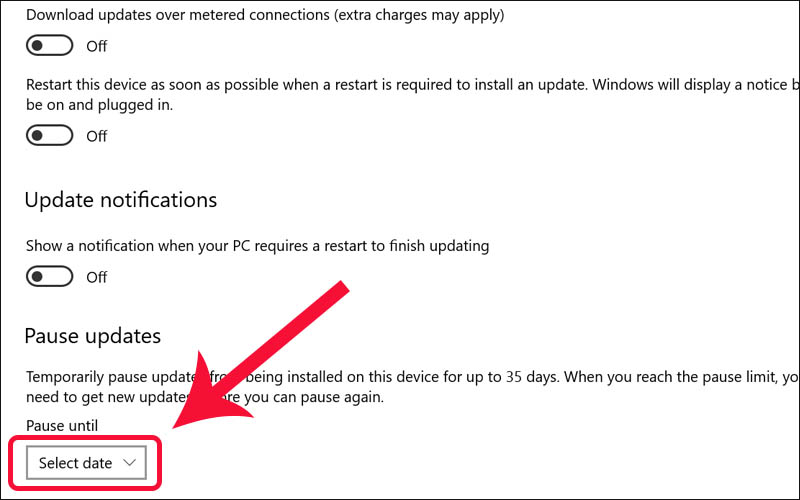 Nhấn vào dòng Select date tại mục Pause updates