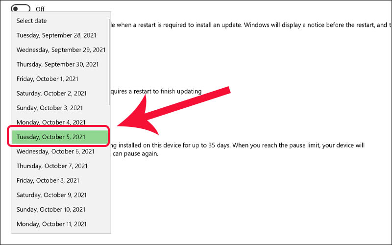 Chọn ngày muốn cập nhật Windows
