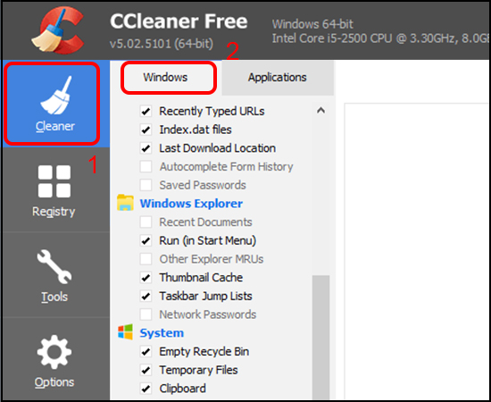 Bạn hãy nhấn chọn Custom Clean và chọn tab Windows