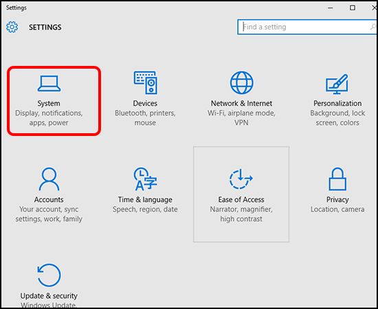 Mở giao diện Setting bằng tổ hợp phím Windows +I và chọn System