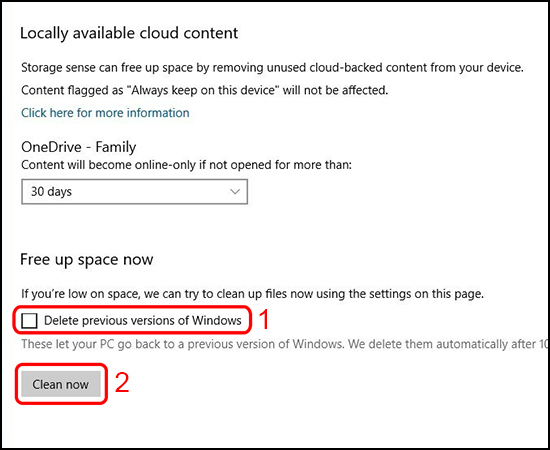 chọn Delete previous version of Windows và bấm chọn Clean now