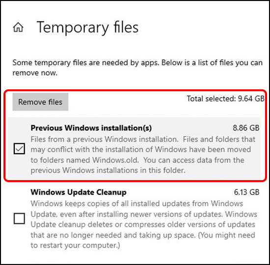 Nhấn Remove files để làm sạch file rác.