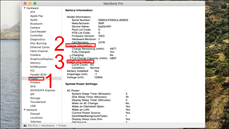 Vào Power để xem thông tin về tình trạng pin 