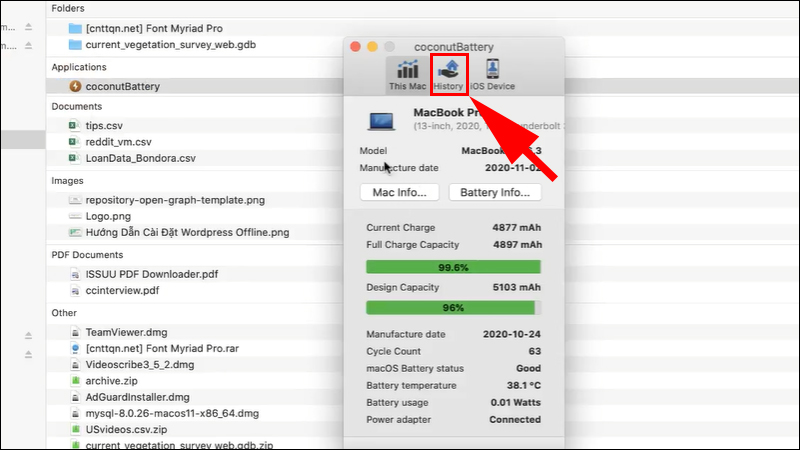 Vào app Coconut Battery và chọn History