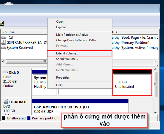 chọn extend volune