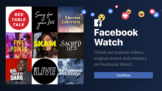 Mở ứng dụng Facebook Watch và nhấn tiếp tục như hình