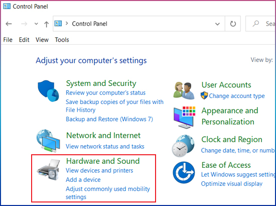 Bạn hãy chọn Hardware and Sound