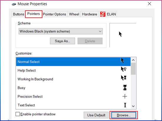 Chọn biểu tượng trỏ chuột bằng cách kích chuột vào Browse trong mục Customize