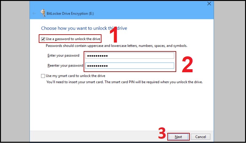 Bạn hãy nhấn chọn Use a password to unlock the drive