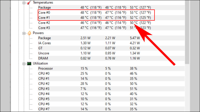 Theo hình ảnh, nhiệt độ hiện tại của CPU của máy tính xách tay là 48 độ.