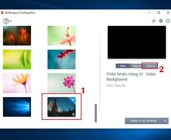 Nhấn Effects để lựa chọn hiệu ứng cho video.