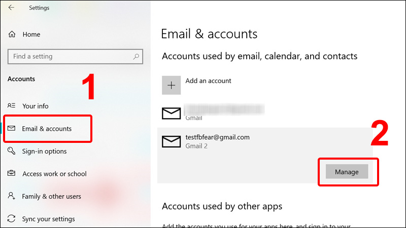 Tại tab Email & accounts, bạn chọn email muốn xóa chọn Manage