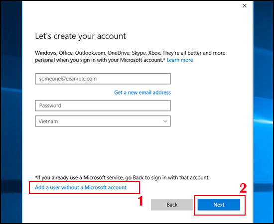Nhấn Add a user without a Microsoft account