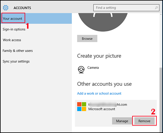 Xoá tài khoản Microsoft.