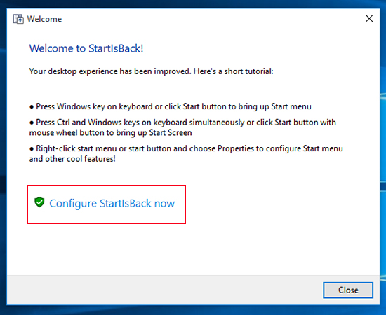 Nhấn chọn Configure StartIsBack now để mở phần mềm
