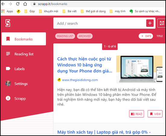 Giao diện chính của tiện ích Scrapp Bookmarks