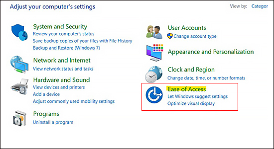 Truy cập vào mục Ease of Access