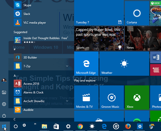 Menu Start trong suốt.