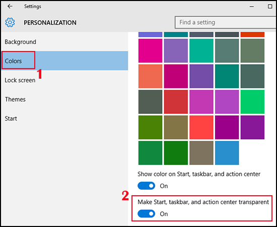 Bật Make Start, taskbar and action center transparent.