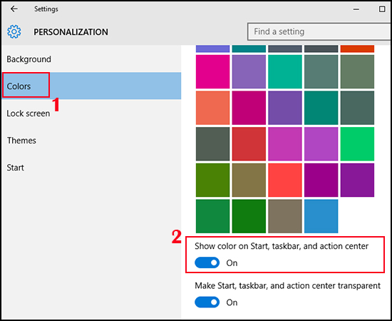 Bật Show color on Start, taskbar, and action center