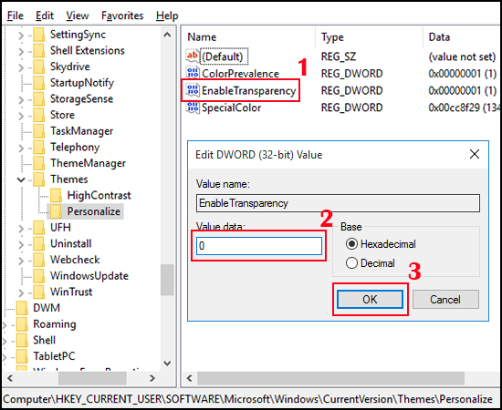 Thay đổi giá trị của EnableTransparency