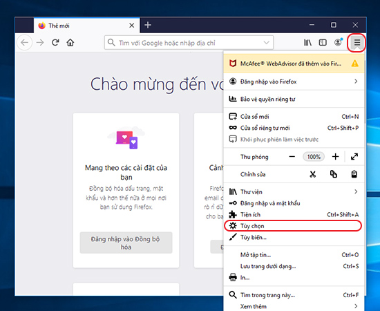 Chỉnh tùy chọn.
