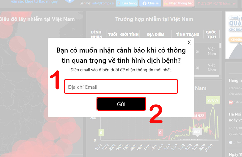 Điền thông tin để nhận thông báo tại trang web Corona.kompa.ai