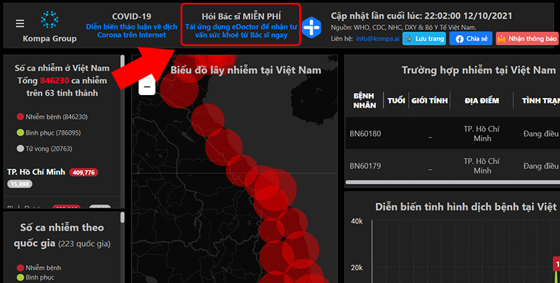 Nhấn chọn vào mục Hỏi Bác sĩ MIỄN PHÍ trên Corona.kompa.ai