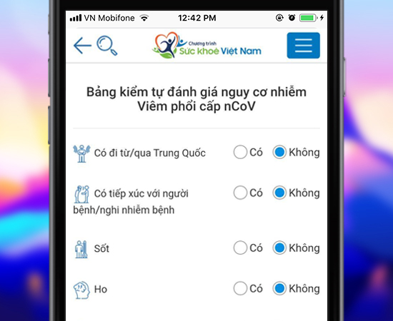 Bảng kiểm tra tự đánh giá nguy cơ nhiêm Viêm Phỗi Cấp nCoV