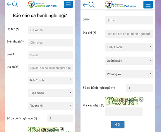 Điền thông tin báo ca bệnh nghi ngờ