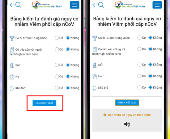 chọn tình trạng cá nhân và nhận kết quả đánh giá