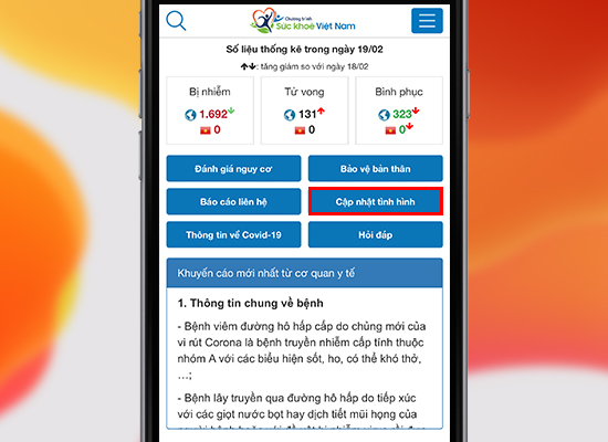 Cách cập nhật tình hình nhiễm Corona chính thống trên app Sức khỏe Việt Nam