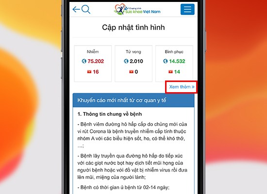 Cách cập nhật tình hình nhiễm Corona chính thống trên app Sức khỏe Việt Nam